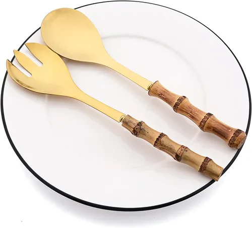 Miniatura 3 de Juego de 4 utensilios para servir con mango de bambú, acero inoxidable 304, cuchara larga Hanlde para cocina, bufé, banquete, boda, fiesta, cocina