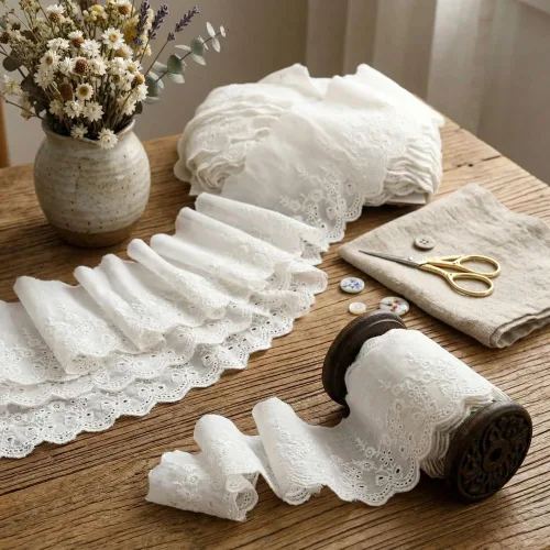 IDONGCAI Borde de algodón blanco de 3.5 pulgadas de ancho (7 yardas), encaje festoneado bordado floral vintage para vestidos de cabaña, costura de