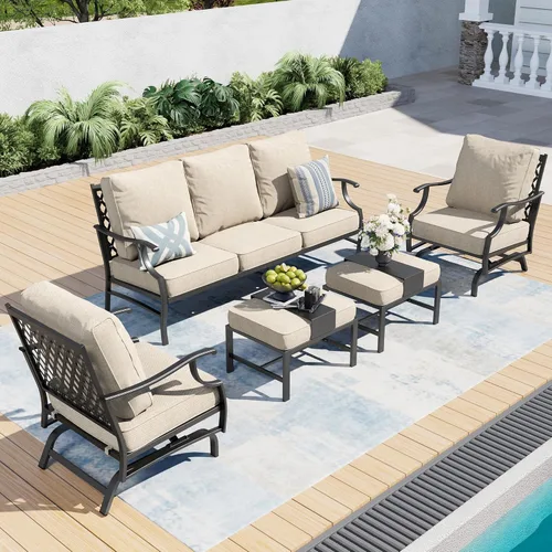 Miniatura 30 de SUNSHINE VALLEY Juego de muebles de patio, 4 piezas de muebles modernos de metal para exteriores, sofá de 3 plazas, 2 sillas mecedoras, mesa