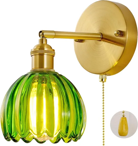 Aplique de pared vintage, 1 unidad, lámpara de pared dorada con pantalla de vidrio verde con interruptor de cable de 12 pulgadas, modernos apliques