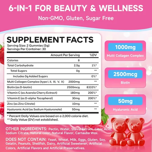 Miniatura 2 de Paquete de 2 gomitas de péptido de colágeno para mujeres y hombres, proteína de colágeno tipo I, II, III, V, X con biotina vitamina C, D, suplemento