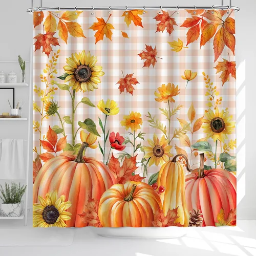 Miniatura 8 de Cortina de ducha de hojas de otoño, cortinas de calabazas de otoño para baño, cortina de baño de arce con búfalo naranja, cortina de baño