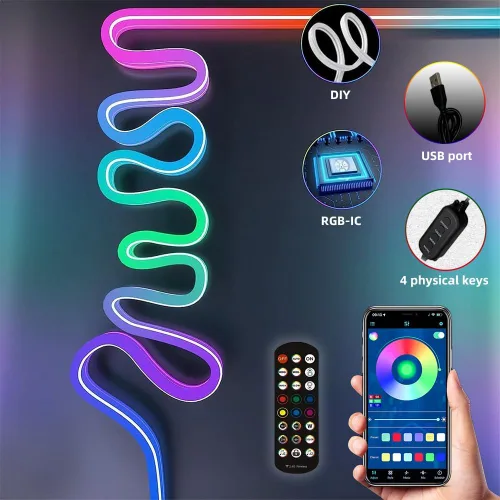 Miniatura 4 de Tira de luces LED de neón USB de 9.8 pies, tira de luces LED RGB IC inteligentes para dormitorio, tira de luz de neón LED de sincronización