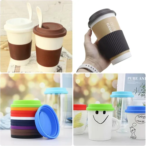 Miniatura 5 de Fundas de silicona para tazas, tapas de silicona reutilizables para tazas, tazas y tazas flexibles, tapas de tazas calientes para café, color negro
