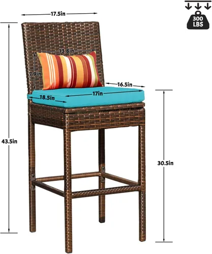 Miniatura 3 de Sundale Outdoor Juego de 2 taburetes de bar, 2 taburetes de bar de mimbre tejido sin brazos, sillas de bar para patio con almohada y cojín azul