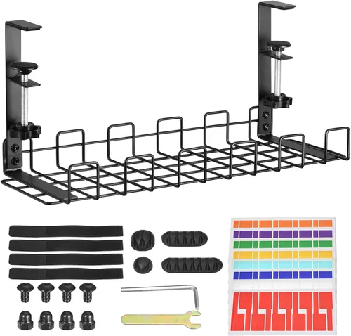 uxcell Bandeja de organización de cables, 1 unidad de 15.75 pulgadas, estante de metal para organizar cables debajo del escritorio, sin taladro,