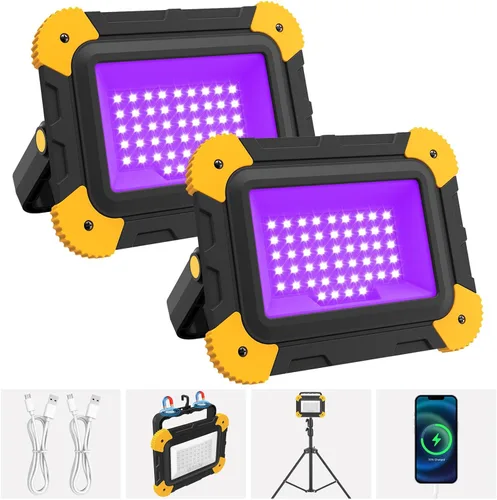 AUMIO Paquete de 2 luces negras recargables, 5000 mAh, LED magnéticas, impermeables, inalámbricas, de 405 nm, luz de inundación ultravioleta para