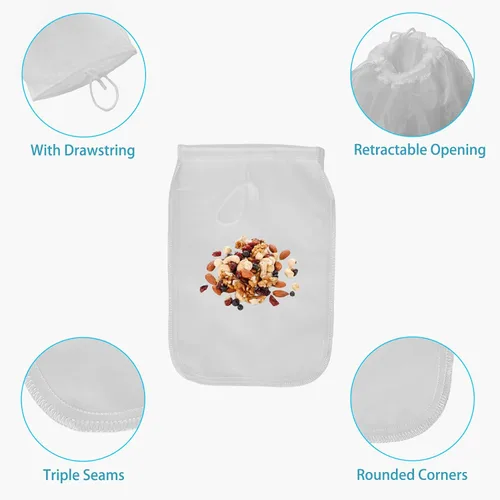Miniatura 3 de Paquete de 2 bolsas reutilizables de malla fina de 150 micrones, bolsa de leche de nueces, colador de nailon para colar jugos de frutas, prensa