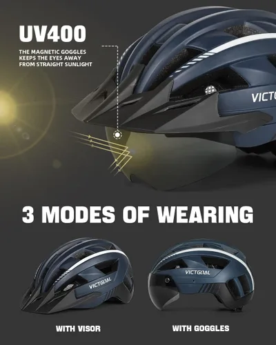 Miniatura 2 de VICTGOAL Casco de bicicleta para hombres y mujeres con luz LED, gafas magnéticas desmontables, visera solar extraíble, casco de bicicleta de montaña