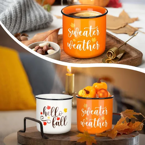 Miniatura 7 de Tanlade Tazas de café de otoño de Acción de Gracias, tazas blancas y naranjas con tapa, taza de cerámica con lazo a cuadros de búfalo y cuentas