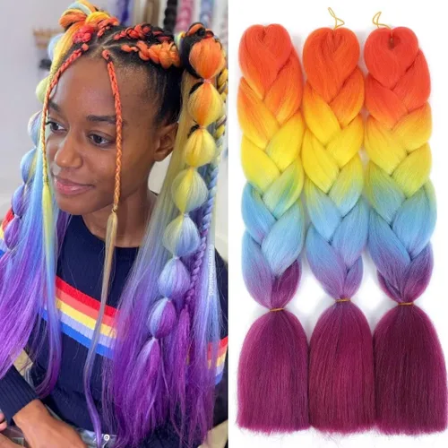 Miniatura 12 de Cabello trenzado jumbo para mujer, mezcla de extensiones de cabello de cuatro colores para trenzar, 24 pulgadas, colores arcoíris, fibra sintética