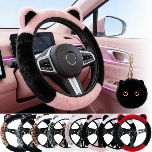 Miniatura 13 de Steering Wheel Cover with Ears Keychain Fit 14-15 inch Black Pink Cute Ears Car Steering Wheel Covers for Women Girls Elastic Breathable Steering