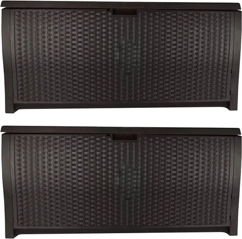 Suncast Caja de mimbre de plástico de 99 galones para jardín, garaje, hogar, piscina, uso en interiores y exteriores, color moca (paquete de 2)