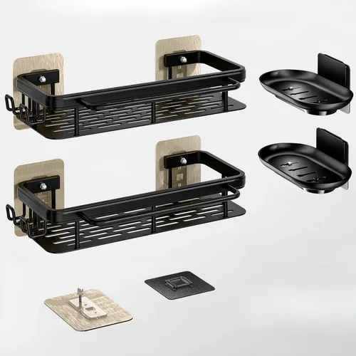 Miniatura 10 de Paquete de 2 organizadores de ducha adhesivos, estantes de ducha de aluminio negro inoxidable con barras de toalla y ganchos, organizadores de baño