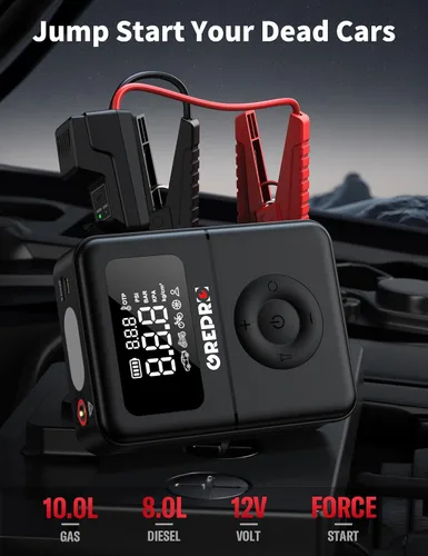 Miniatura 2 de GREPRO Arrancador de salto con compresor de aire, batería de 5000 A portátil (10.0 L de gas/8.0 L diesel), inflador de neumáticos de 150 PSI