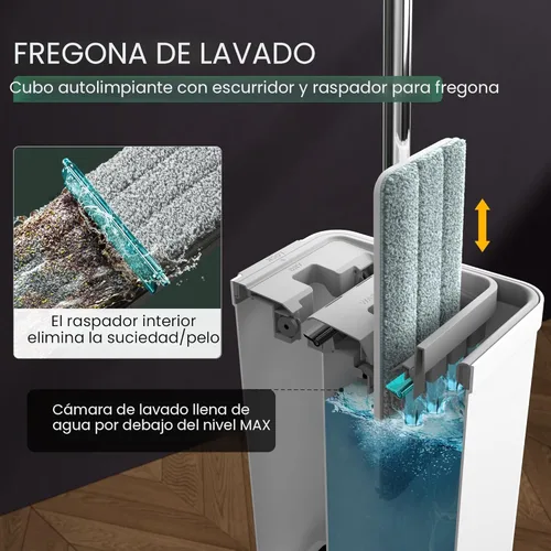 Miniatura 2 de JOYMOOP Juego de fregona y cubeta con escurridor, juego de fregona y cubeta plana de exprimir blanca para limpieza de pisos, fregonas mojadas