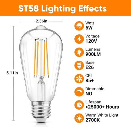 Miniatura 3 de WIHTU – Bombillas LED de filamento, bombillas LED Edison vintage brillantes de 6 W, bombillas de luz cálida ST58 de 2700 K con CRI 85+, base