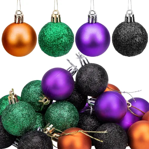 Deloky 24 bolas de adorno de Halloween con purpurina, bolas colgantes inastillables de Halloween de 1.6 pulgadas, adornos brillantes de árbol negro,