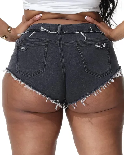 Miniatura 2 de ALLEGRACE Pantalones cortos de mezclilla de talla grande sexy para mujer, pantalones cortos de cintura alta desgastados con bolsillos
