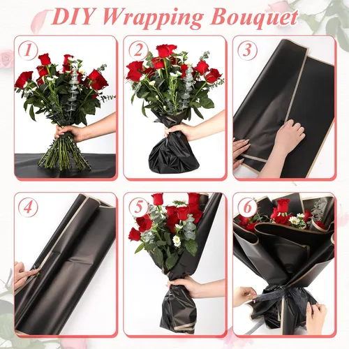Miniatura 5 de RowinsyDD 20 hojas de papel de regalo de flores negras, papel de embalaje impermeable para ramos de flores, embalaje de regalo de 22.8 x 22.8