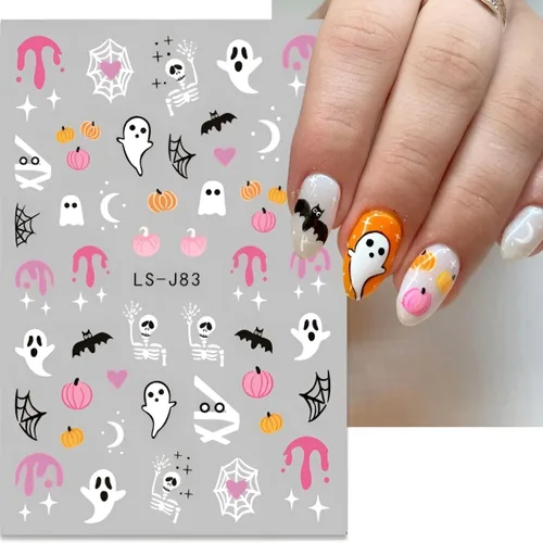Miniatura 3 de 6 hojas de calcomanías de arte de uñas de Halloween, lindas calcomanías de fantasma, 3D, autoadhesivas, telaraña, murciélago, calabaza, decoración