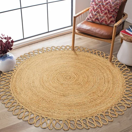 Alfombra trenzada de yute tejida a mano – redonda de 4 pies – Alfombra reversible de granja para comedor, sala de estar, dormitorio, cocina, Natural