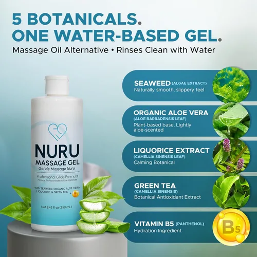 Miniatura 4 de Nuru Gel de masaje de 8.45 onzas líquidas Alternativa al aceite de masaje Aloe vera orgánico, algas marinas, té verde, regaliz y vitamina B5 A