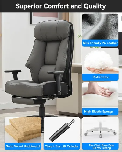 Miniatura 4 de DJ·Wang Silla de oficina grande y alta, 400 libras con reposapiés, silla de oficina ejecutiva de respaldo alto con cojín de resorte extragrueso