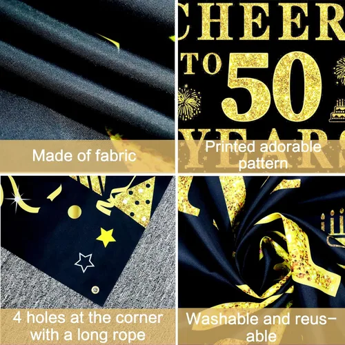 Miniatura 3 de Trgowaul Decoraciones de cumpleaños número 50/aniversario/boda para mujeres y hombres, pancarta de felicitación a los 50 años, fondo negro y dorado