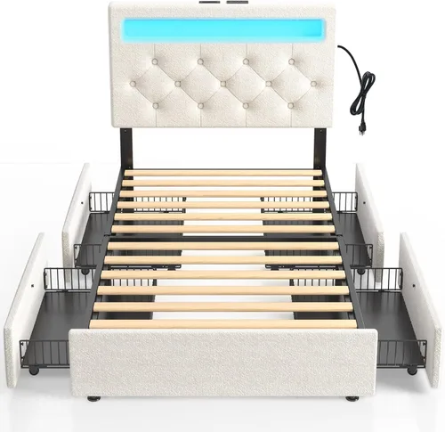 Miniatura 17 de Rolanstar Base de cama individual con estación de carga, cama LED con almacenamiento debajo de la cama, cabecera ajustable de 38.9/40.8 pulgadas,