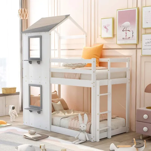 Miniatura 29 de JIVOIT Litera de madera con diseño de techo y ventanas, litera individual sobre individual con nido y escalera integrada para niños, adolescentes