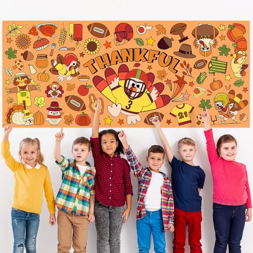 Miniatura 3 de BZaber Póster gigante para colorear de otoño de Acción de Gracias, 55 x 24 pulgadas, pancarta de dibujo de papel de pavo de fútbol, calabaza, hoja