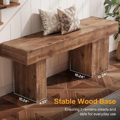 Miniatura 8 de Banco de madera maciza gruesa, banco de entrada rústico de 47 pulgadas con patas artísticas, banco de comedor resistente para cocina, sala de estar