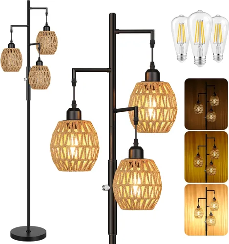 Miniatura 11 de ROTTOGOON Lámpara de Pie Bohemia Regulable - Lámpara de Pie de Ratán de Granja de 3 Luces para Sala de Estar, Lámparas de Pie Industriales tipo