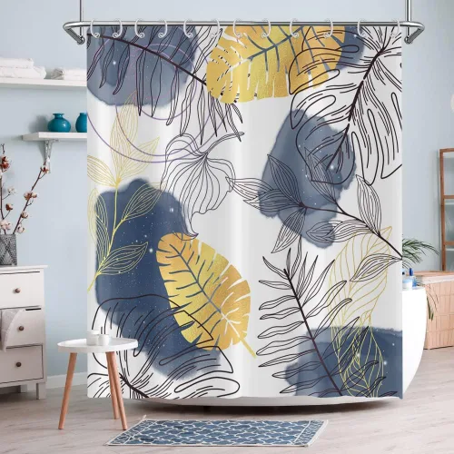 Miniatura 12 de Cortina de ducha bohemia y chic, cortina de baño moderna con hojas tropicales abstractas y ramas botánicas doradas, para decoración del hogar, tela