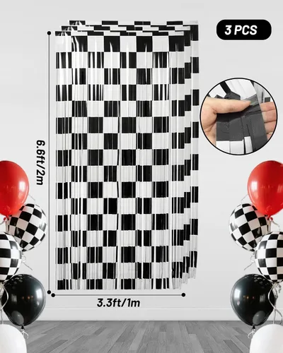Miniatura 2 de Calmi Cortinas de flecos de aluminio de carreras para decoración de fiesta de cumpleaños, paquete de 3 cortinas de flecos de aluminio blanco y negro