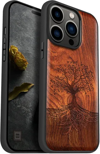 Miniatura 10 de Carveit Funda magnética de madera para iPhone 14 Pro, madera natural y TPU suave negro, funda protectora a prueba de golpes, funda de madera única