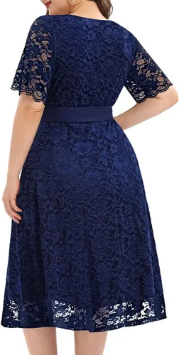 Miniatura 2 de Vestido midi de manga corta con encaje para mujer, talla grande, para despedida de soltera, invitada de boda, cóctel, semiformal, cuello en V