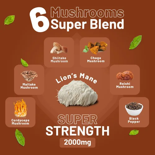 Miniatura 3 de Complejo avanzado de hongos de 2000 mg Una súper mezcla de 6 hongos con melena de león, chaga, cordyceps, shiitake, reishi y maitake con pimienta