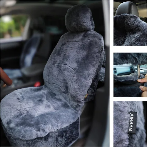 Miniatura 3 de Funda de asiento de piel de oveja auténtica, funda de asiento de piel de cordero para invierno, funda de asiento de automóvil, piel de oveja de Gris