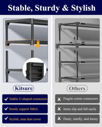 Miniatura 6 de Kitsure Zapatero – Estante organizador de zapatos de gran capacidad de 10 niveles con cubierta antipolvo y bolsillos laterales, zapatero de metal a