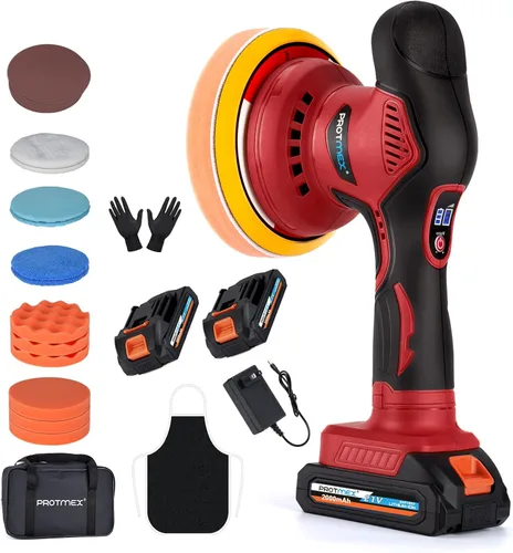Pulidora inalámbrica de automóvil con 2 baterías de 2000 mAh, 21 V, kit de pulidora y enceradora de 6 pulgadas, con 18 accesorios adicionales y 6