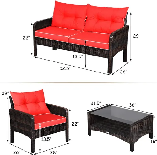 Miniatura 2 de COSTWAY Juego de muebles de patio de 4 piezas, sofá modular de mimbre con cojín, sofá biplaza, mesa de centro con vidrio templado y estante