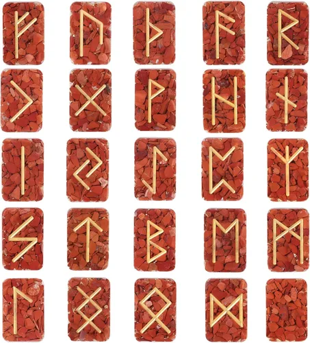 mookaitedecor Juego de 25 piedras de runa de cristal de jaspe rojo, grabadas Golden Elder Futhark con símbolo del alfabeto, runas para adivinación,