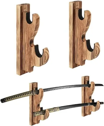 Miniatura 5 de Soporte de pared para espada, 1 par de soporte de espada de gancho, gancho de espada, madera maciza de dos capas montado en la pared, soporte