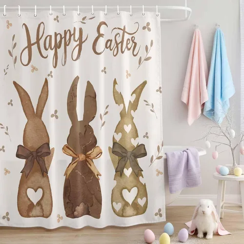 Miniatura 3 de LooPoP Cortina de ducha de Pascua con ganchos, tela impermeable, diseño de flores, zanahoria, conejo, juego de cortinas de ducha para baño, bañeras