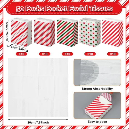 Miniatura 4 de Ctosree 50 paquetes de pañuelos de bolsillo navideños de Candy Cane, paquetes de viaje al por mayor de 500 hojas, pañuelos faciales pequeños
