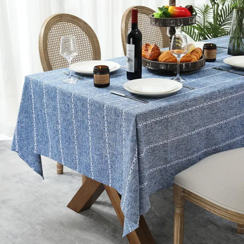 Miniatura 3 de Chassic Manteles de lino estilo casa de campo de 60 x 84 pulgadas, resistentes a las arrugas, lavables, manteles de mesa de comedor para mesas Azul