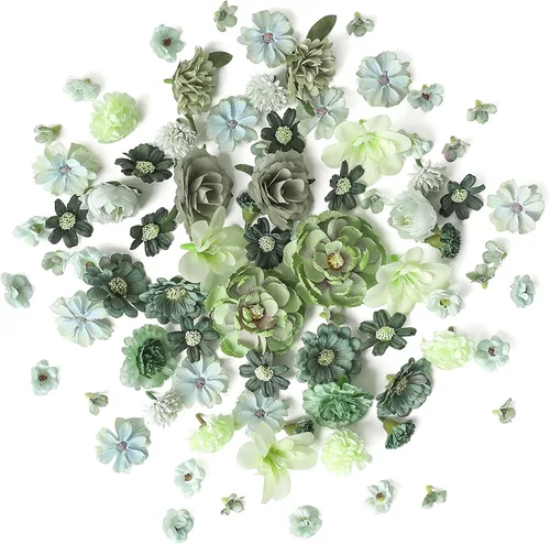 Floroom Mini Cabezas de Flores Artificiales Salvia y Verde Oliva Peonía Falsa Margarita Rosa Multicolor Pequeñas Cabezas de Flores de Seda Sintética