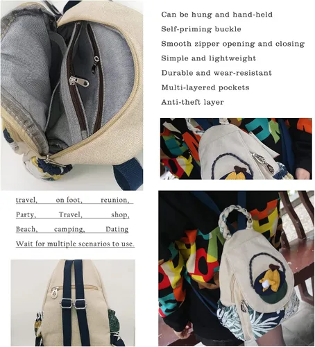 Miniatura 12 de HUANGGUOSHU Mochila de algodón tejida de algodón bohemio con bordado de lona estilo bohemio con múltiples bolsillos retro linda mochila cartera